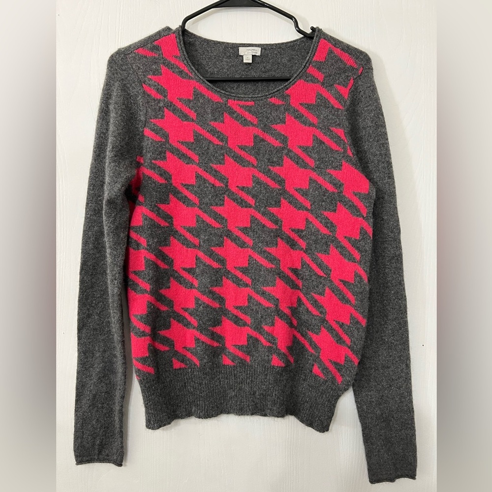 Halogen 100% Cashmere Sweater Gray & Pink Houndstooth Women's Medium - Picture 1 of 10